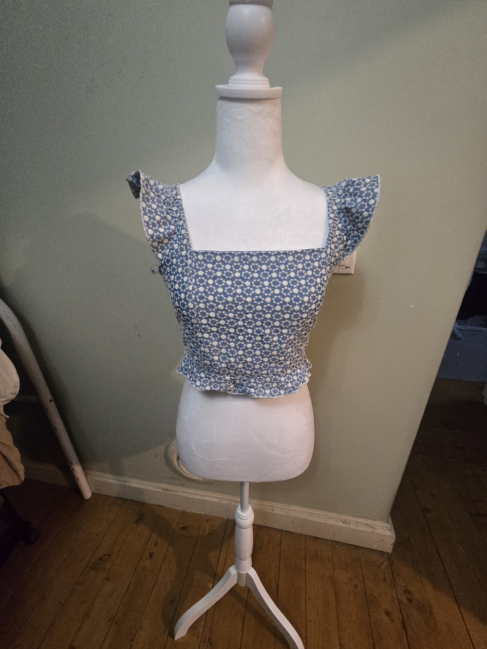 Blue Floral Smocked Square-Neck Crop Top with Flutter Straps